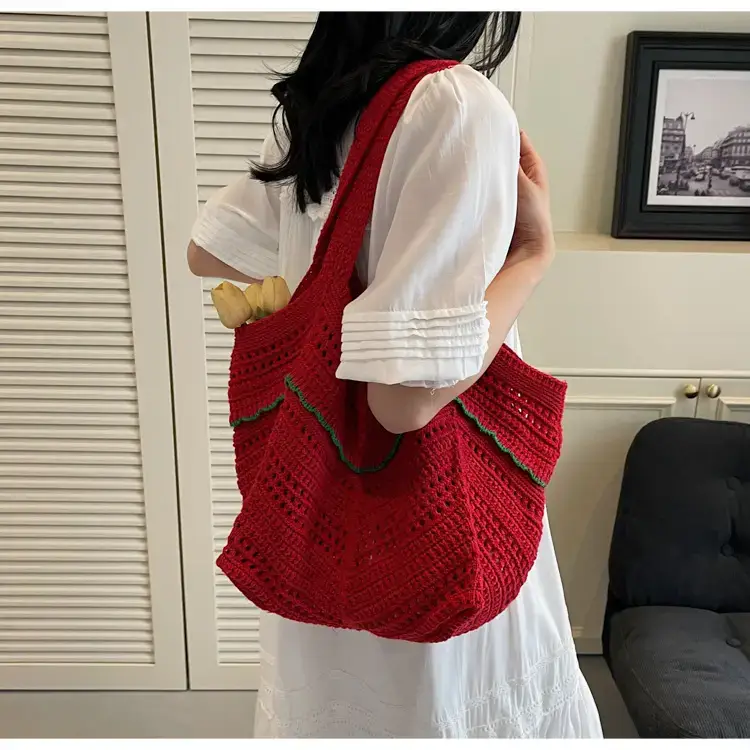 Women Crossbody Knitted Beach Bag White Green Stripes luggage and leather goods — feature 43