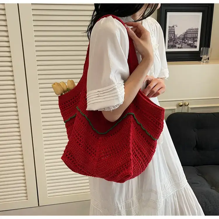 Women Crossbody Knitted Beach Bag White Green Stripes luggage and leather goods — feature 44