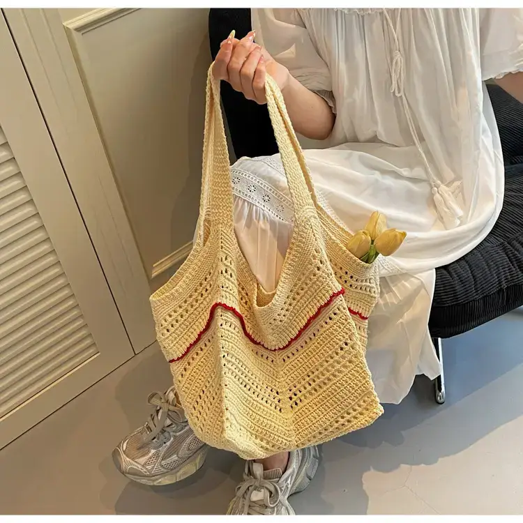 Women Crossbody Knitted Beach Bag White Green Stripes luggage and leather goods — feature 45