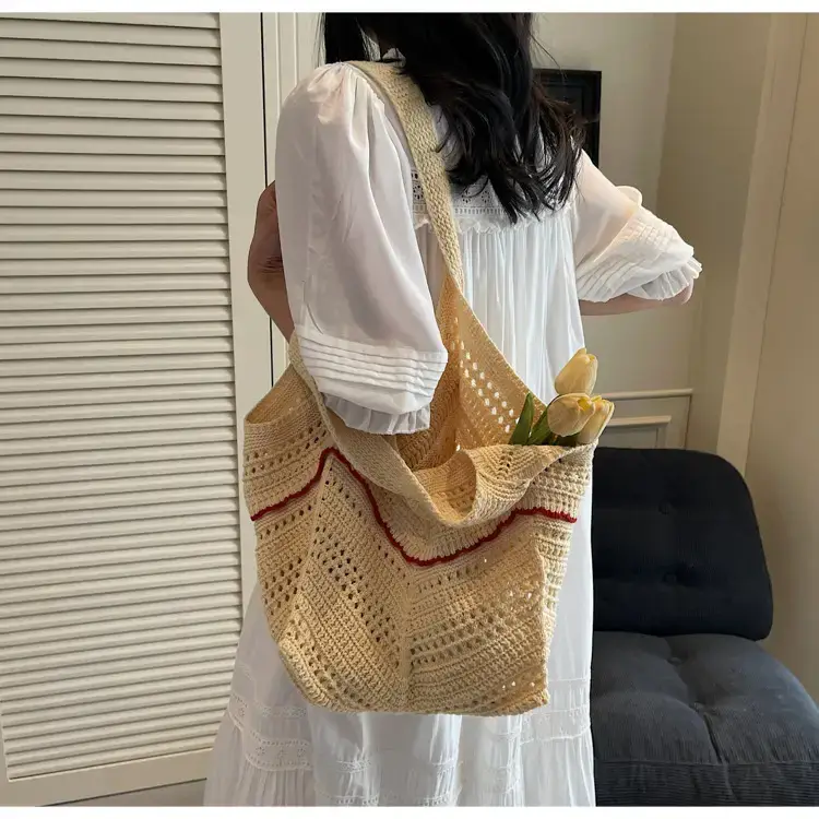 Women Crossbody Knitted Beach Bag White Green Stripes luggage and leather goods — feature 46