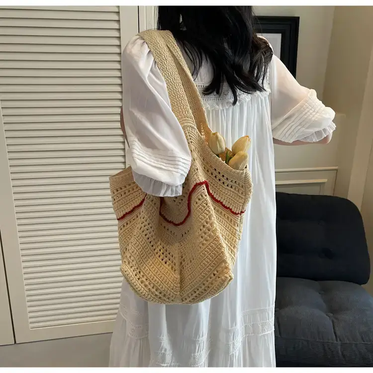 Women Crossbody Knitted Beach Bag White Green Stripes luggage and leather goods — feature 47