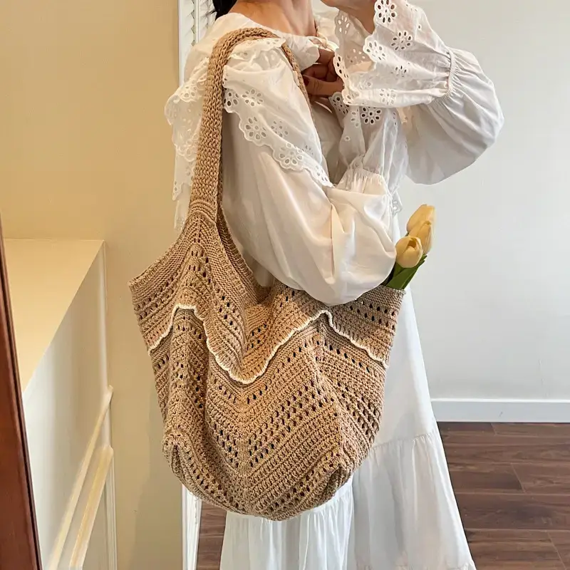 Women Crossbody Knitted Beach Bag White Green Stripes luggage and leather goods - Image 2