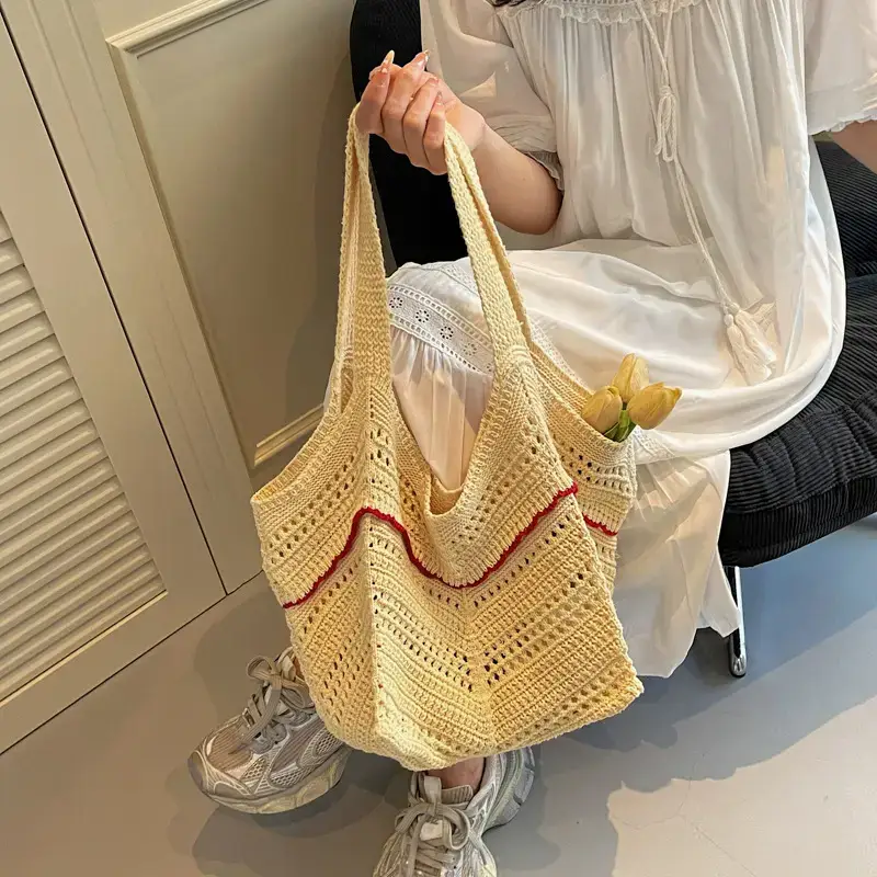 Women Crossbody Knitted Beach Bag White Green Stripes luggage and leather goods - Image 5
