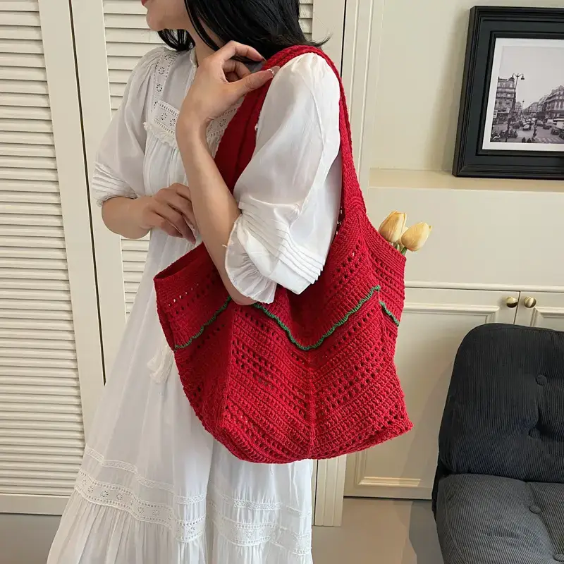 Women Crossbody Knitted Beach Bag White Green Stripes luggage and leather goods - Image 6