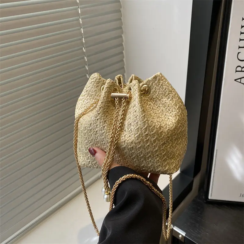 Golden Straw Drawstring Chain Bucket Bag for Women - Image 3