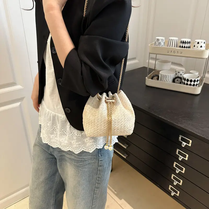 Golden Straw Drawstring Chain Bucket Bag for Women - Image 4