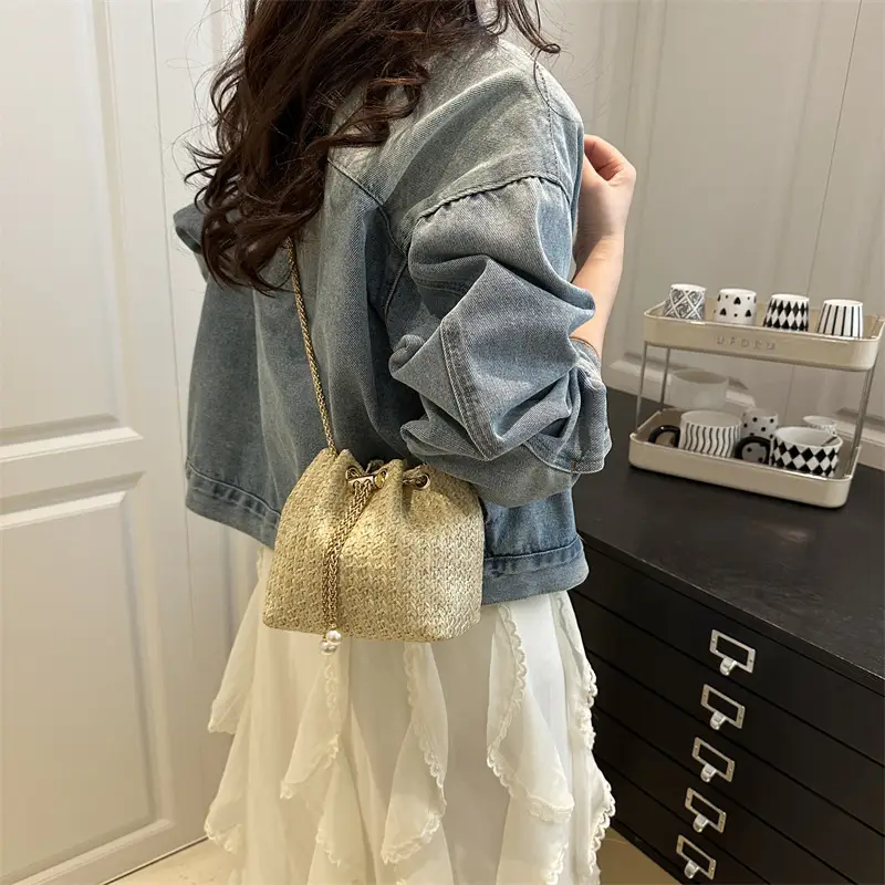 Golden Straw Drawstring Chain Bucket Bag for Women - Image 5