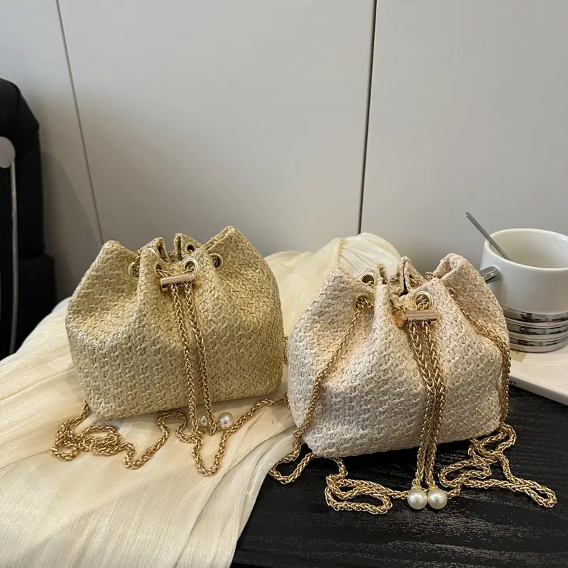 Golden Straw Drawstring Chain Bucket Bag for Women - Image 6