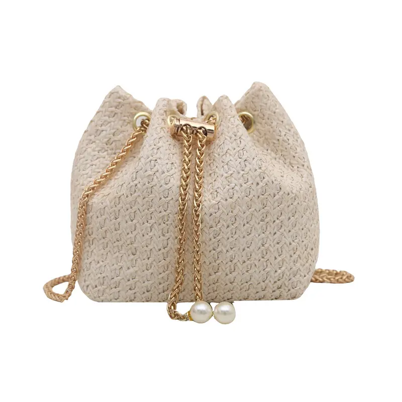 Golden Straw Drawstring Chain Bucket Bag for Women - Image 7