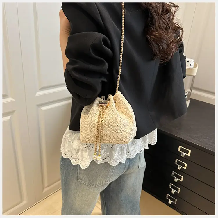 Golden Straw Drawstring Chain Bucket Bag for Women — feature 10