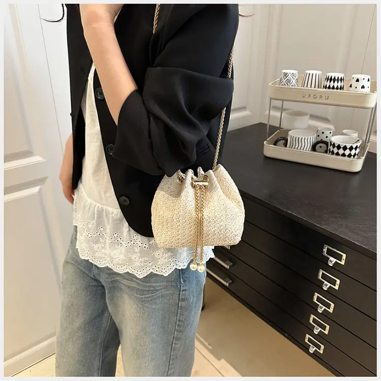 Golden Straw Drawstring Chain Bucket Bag for Women — feature 11