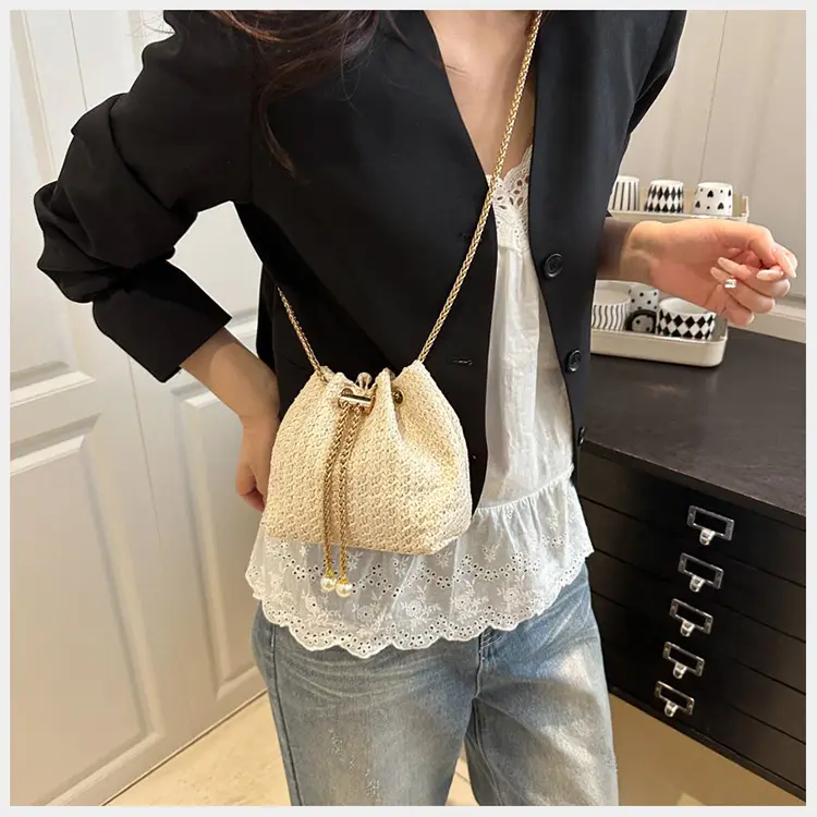 Golden Straw Drawstring Chain Bucket Bag for Women — feature 12