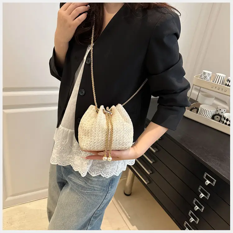 Golden Straw Drawstring Chain Bucket Bag for Women — feature 13