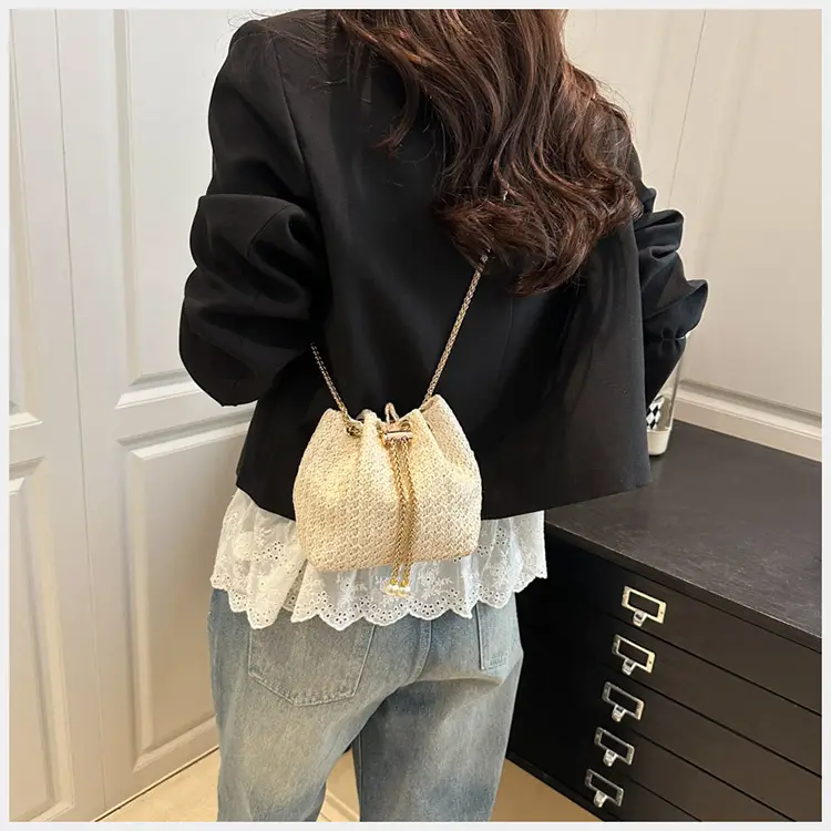 Golden Straw Drawstring Chain Bucket Bag for Women — feature 14