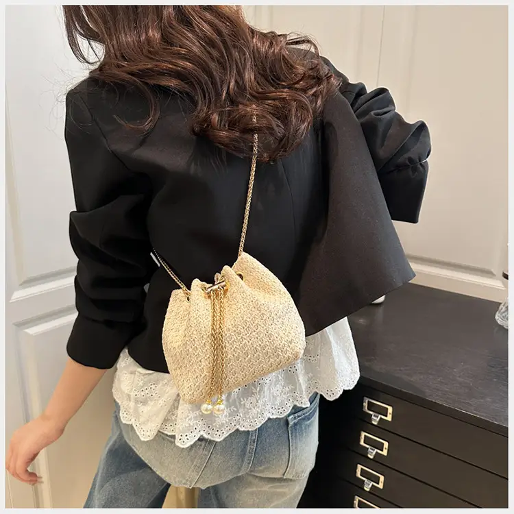 Golden Straw Drawstring Chain Bucket Bag for Women — feature 15