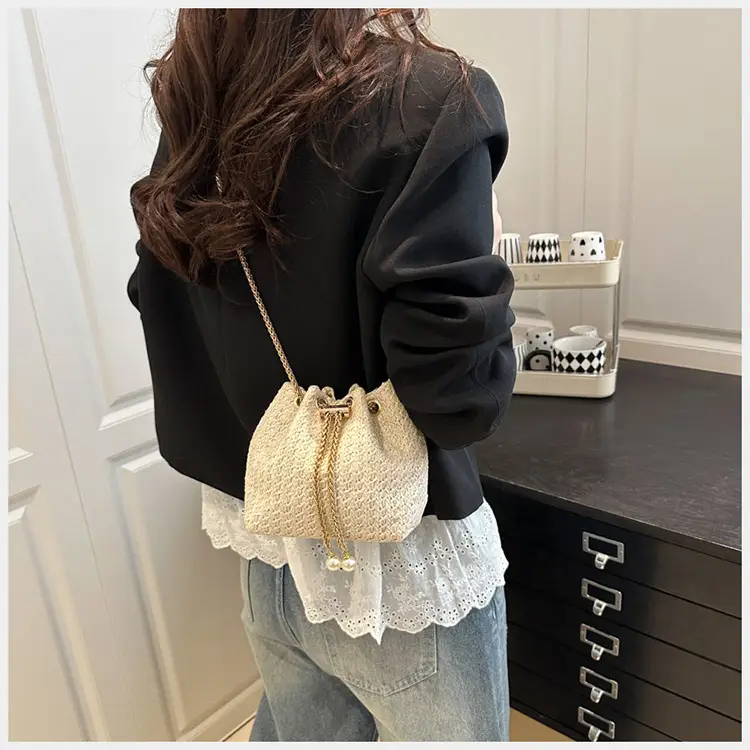Golden Straw Drawstring Chain Bucket Bag for Women — feature 16