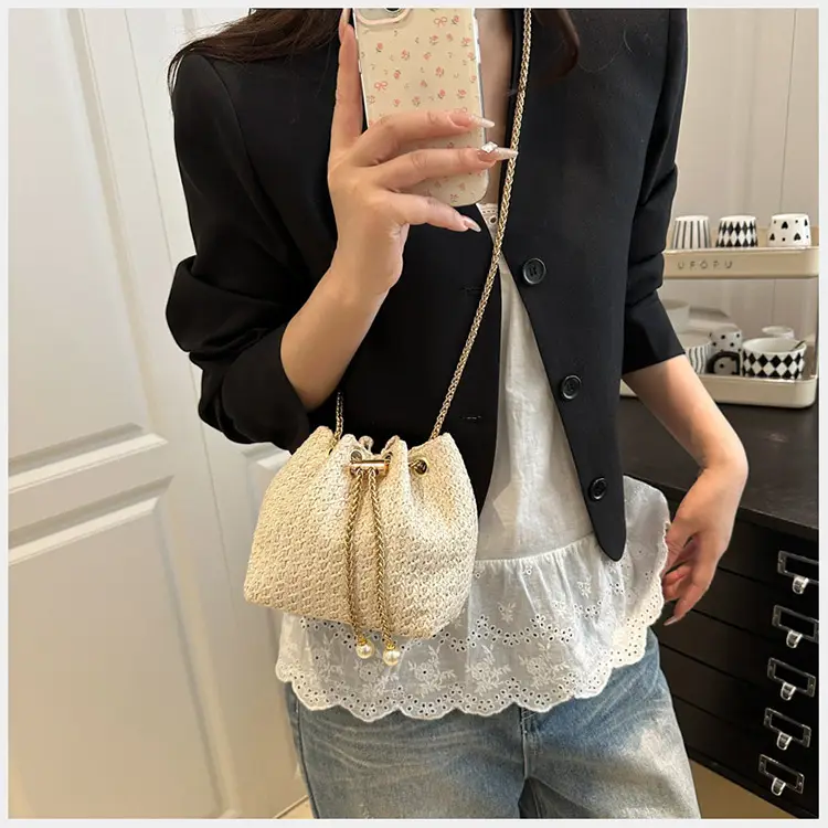 Golden Straw Drawstring Chain Bucket Bag for Women — feature 17