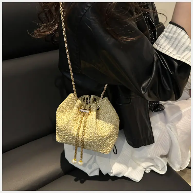 Golden Straw Drawstring Chain Bucket Bag for Women — feature 19