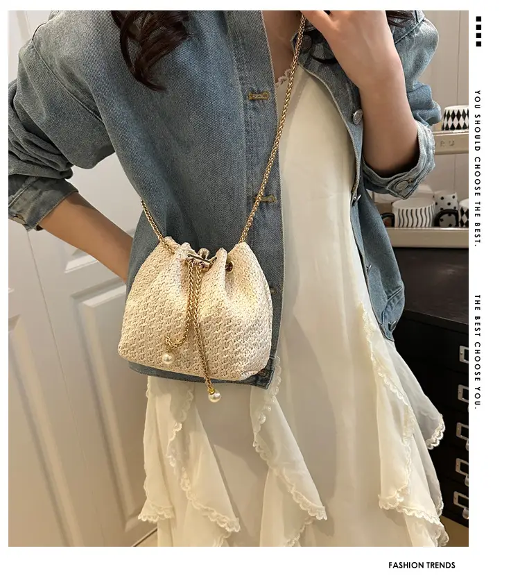 Golden Straw Drawstring Chain Bucket Bag for Women — feature 2
