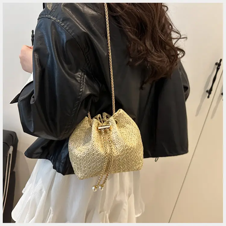 Golden Straw Drawstring Chain Bucket Bag for Women — feature 20