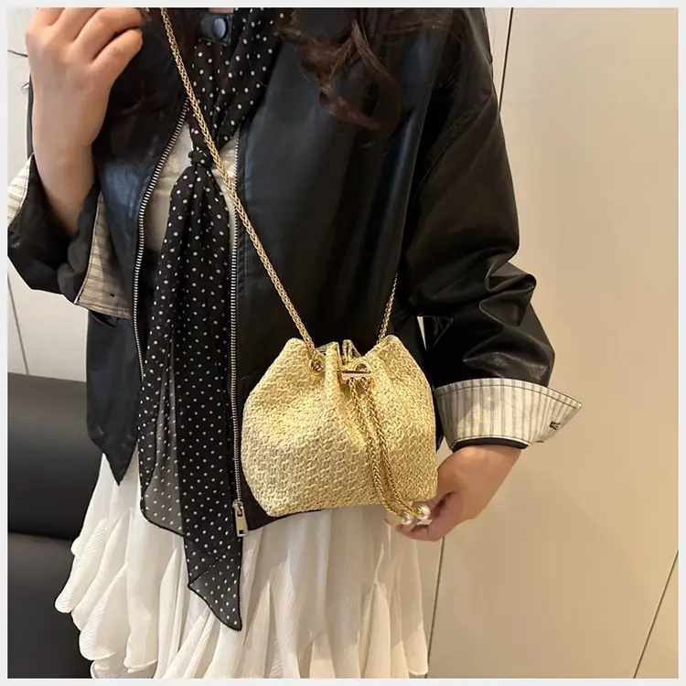 Golden Straw Drawstring Chain Bucket Bag for Women — feature 21