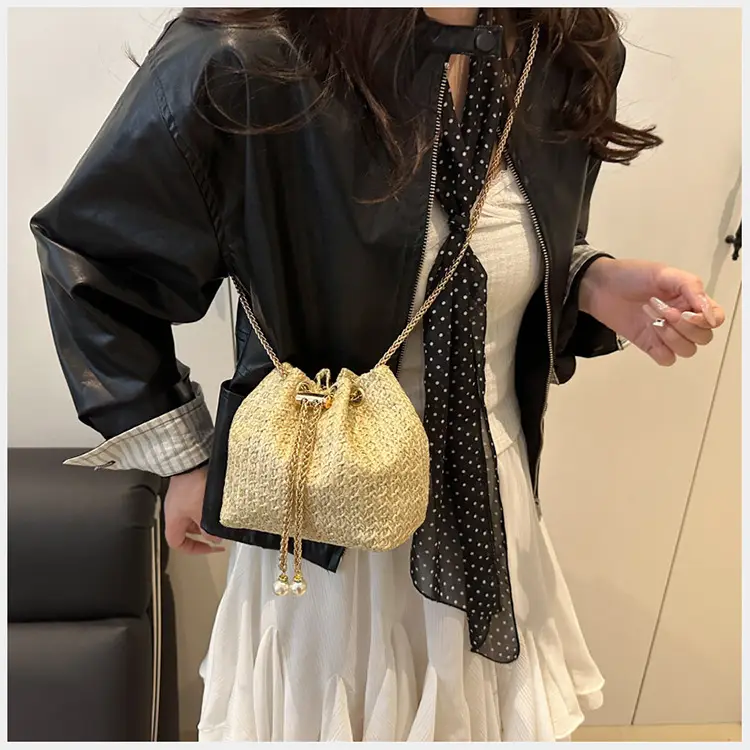 Golden Straw Drawstring Chain Bucket Bag for Women — feature 22