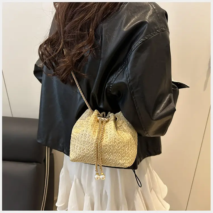 Golden Straw Drawstring Chain Bucket Bag for Women — feature 23