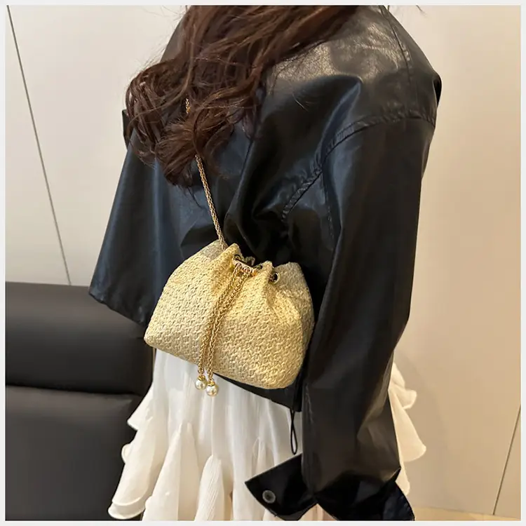 Golden Straw Drawstring Chain Bucket Bag for Women — feature 24