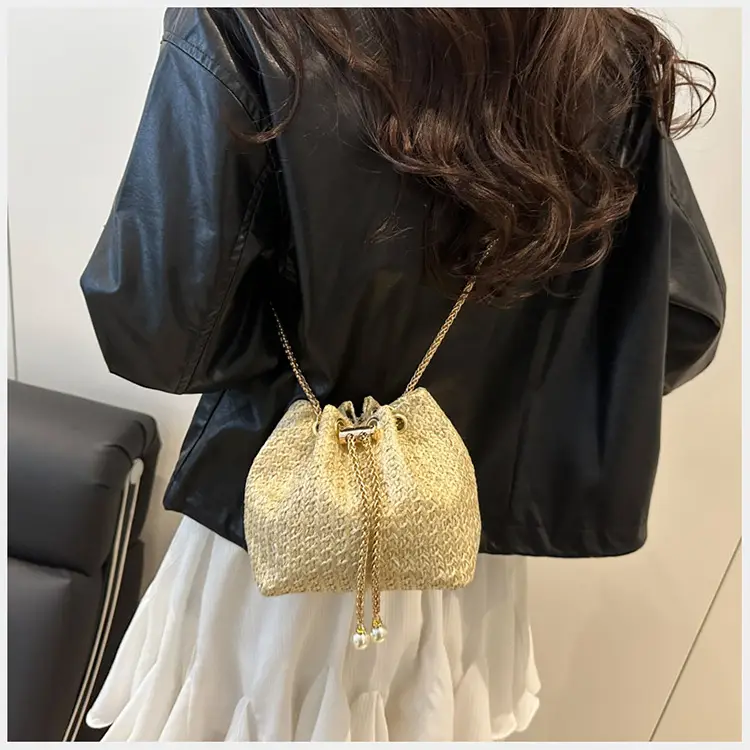 Golden Straw Drawstring Chain Bucket Bag for Women — feature 25