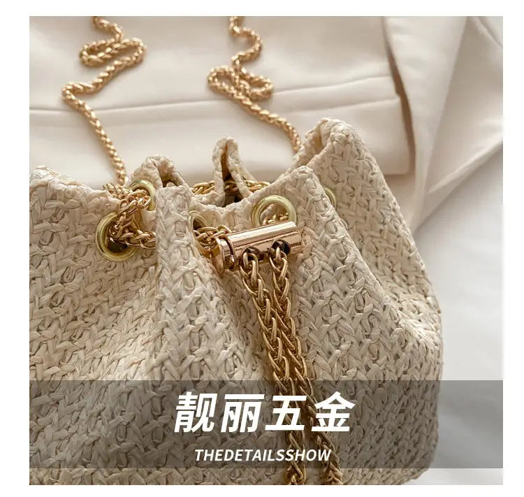 Golden Straw Drawstring Chain Bucket Bag for Women — feature 5