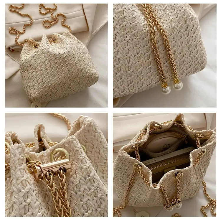 Golden Straw Drawstring Chain Bucket Bag for Women — feature 7