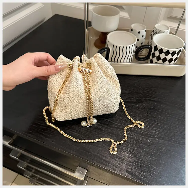 Golden Straw Drawstring Chain Bucket Bag for Women — feature 8