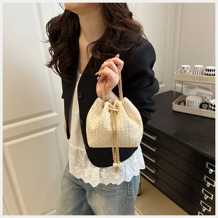 Golden Straw Drawstring Chain Bucket Bag for Women — feature 9