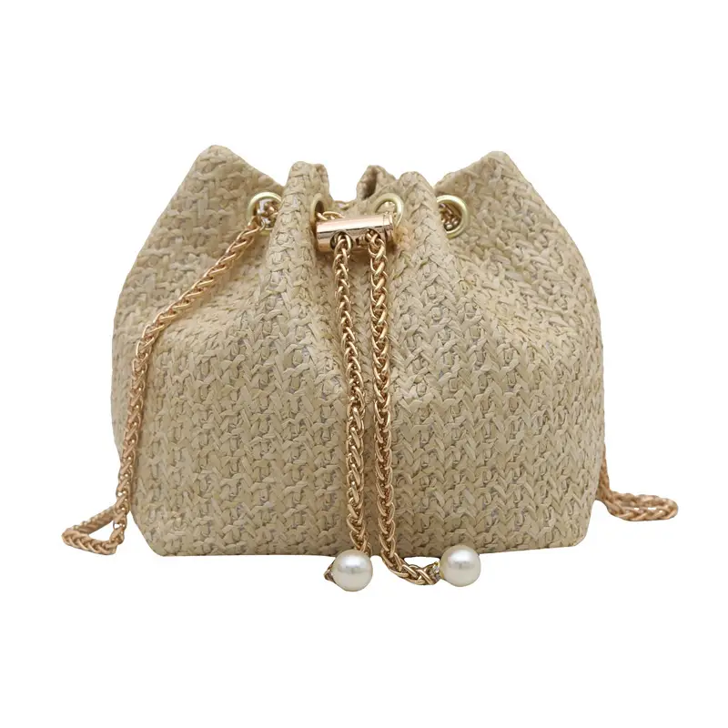 Golden Straw Drawstring Chain Bucket Bag for Women - Image 2