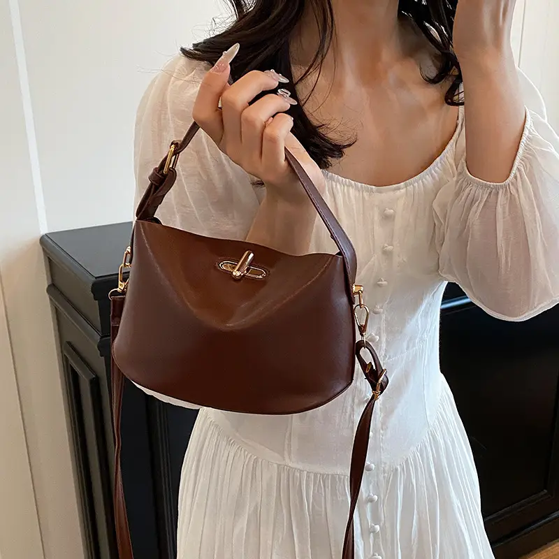 Beige Lock Single Shoulder Crossbody Bag for Women - Image 7