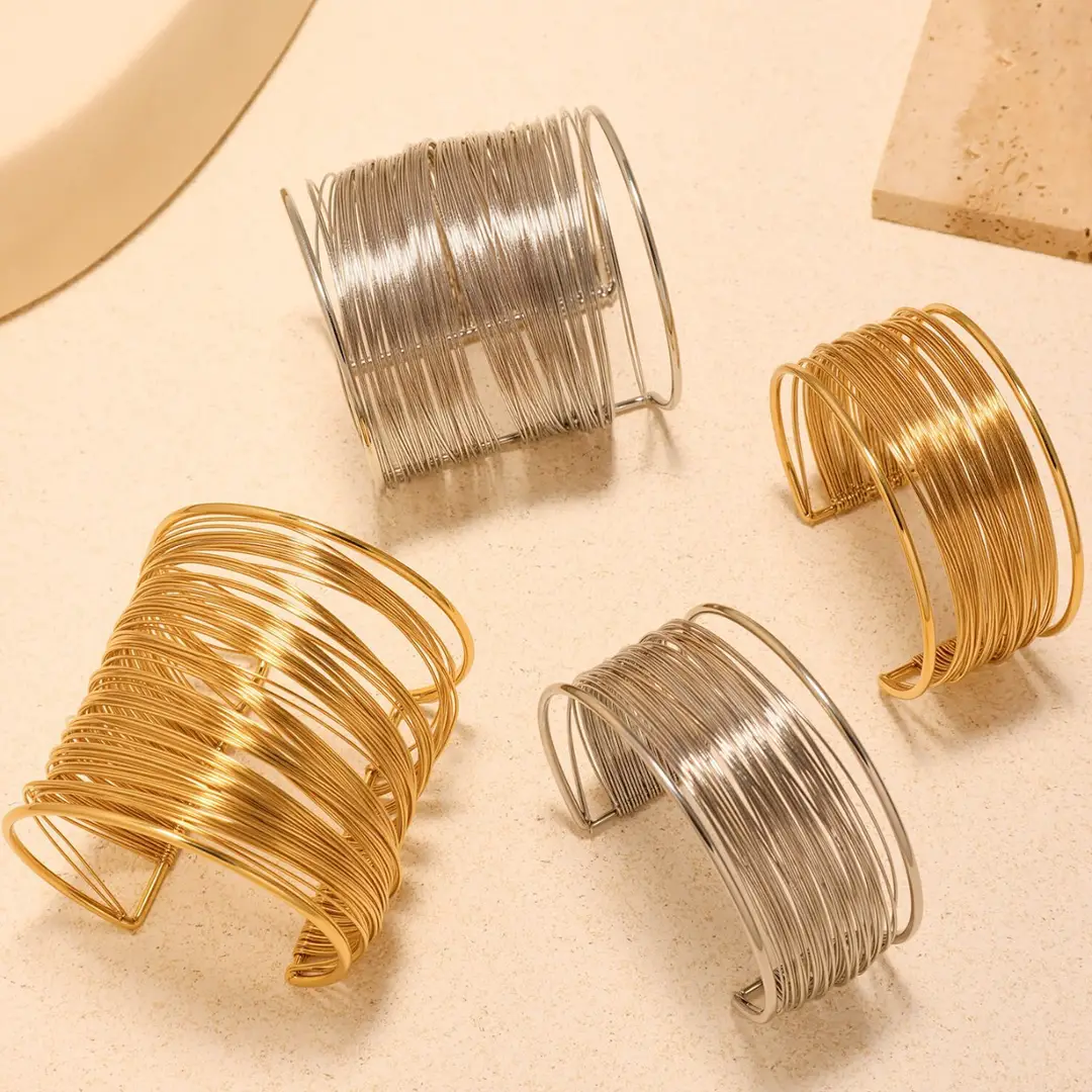Cube European and American Exaggerated Multi-layer Open Bracelet Stainless Steel Gold Plated Ins Cool Style Arm Ring Light Luxury Color-retaining Bracelet