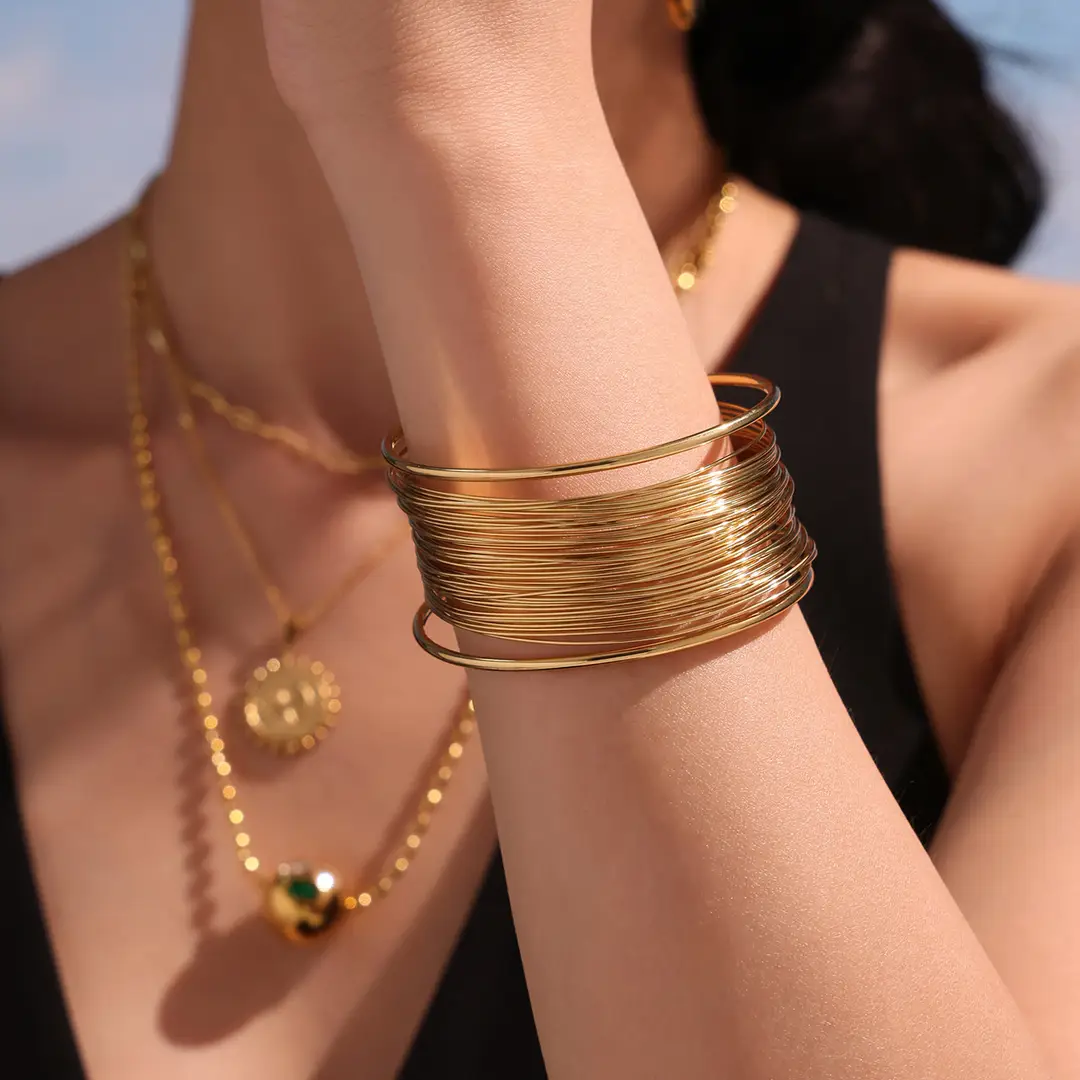 Cube European and American Exaggerated Multi-layer Open Bracelet Stainless Steel Gold Plated Ins Cool Style Arm Ring Light Luxury Color-retaining Bracelet