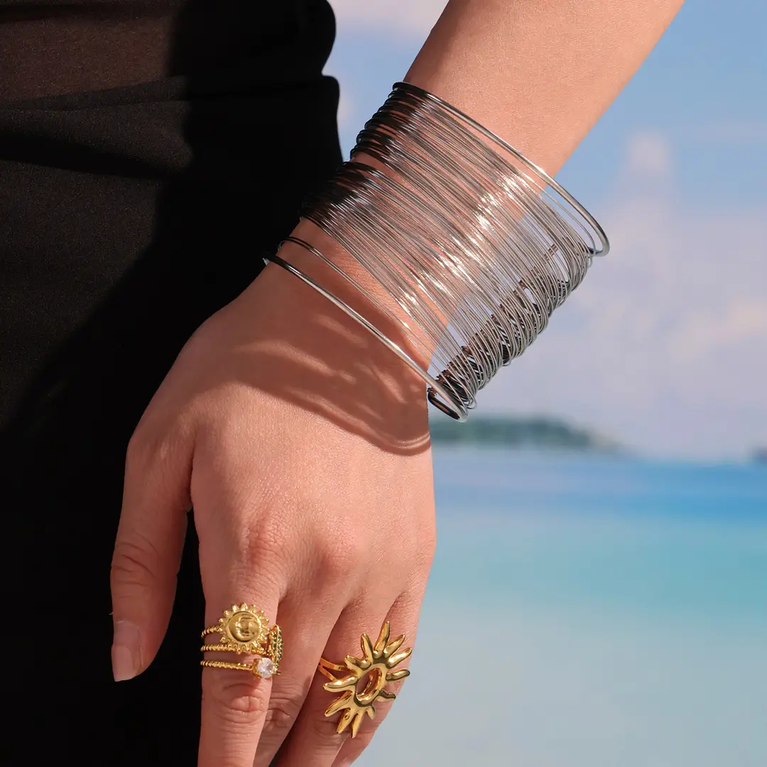 Cube European and American Exaggerated Multi-layer Open Bracelet Stainless Steel Gold Plated Ins Cool Style Arm Ring Light Luxury Color-retaining Bracelet