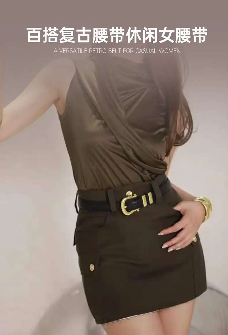 Vintage Women's Genuine Leather Belt Black Gold — feature 1