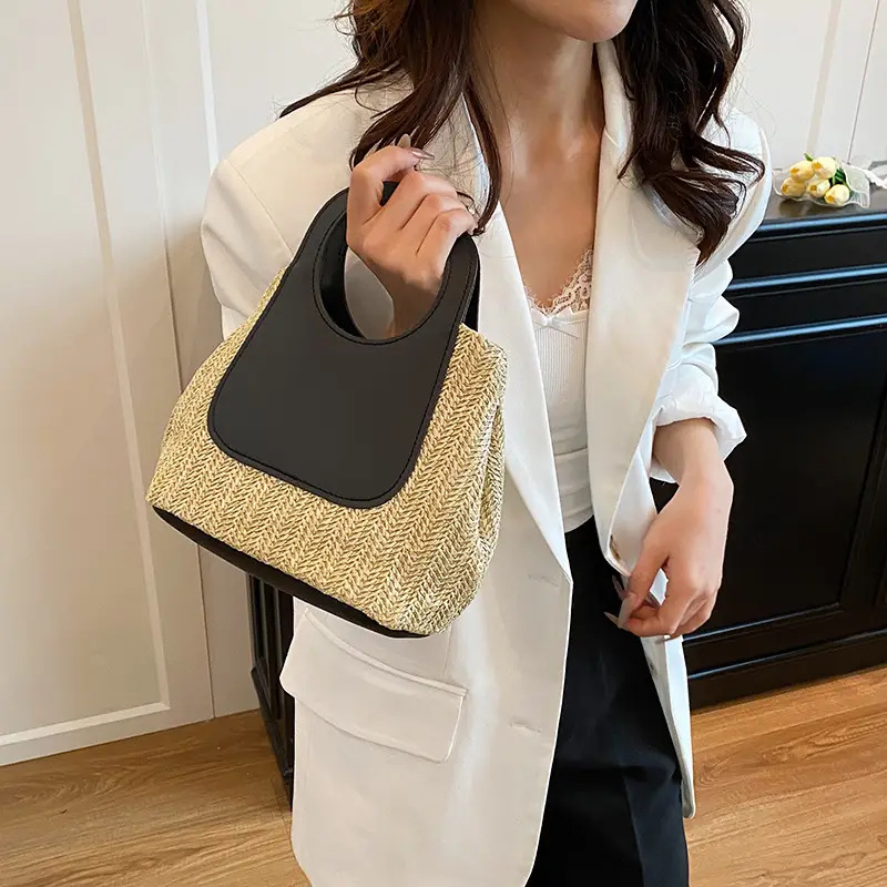 2025 Summer Straw Bag with Retro Contrast Stitching - Image 6