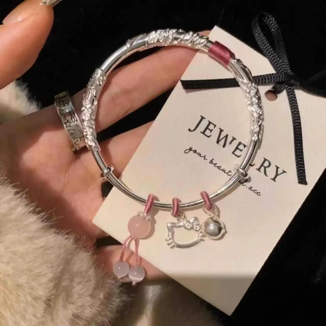 Floral Bracelet for Women Popular Kitty Cat Butterfly Open Silver Bracelet Niche Versatile Best Friend Couple Bracelet