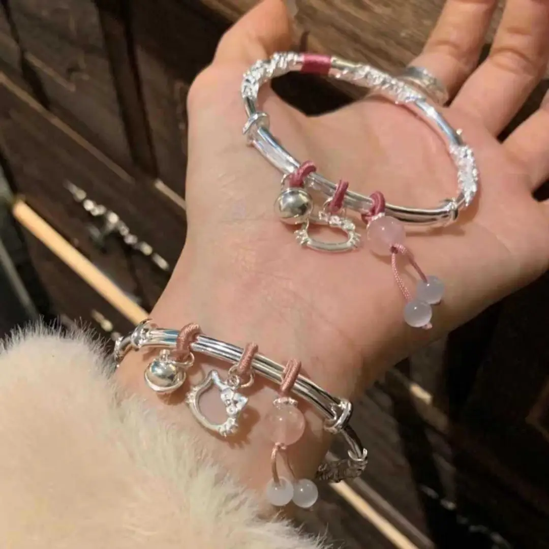 Floral Bracelet for Women Popular Kitty Cat Butterfly Open Silver Bracelet Niche Versatile Best Friend Couple Bracelet