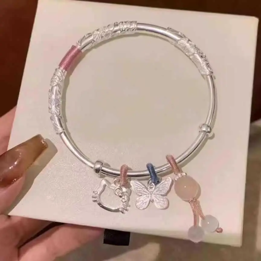 Floral Bracelet for Women Popular Kitty Cat Butterfly Open Silver Bracelet Niche Versatile Best Friend Couple Bracelet
