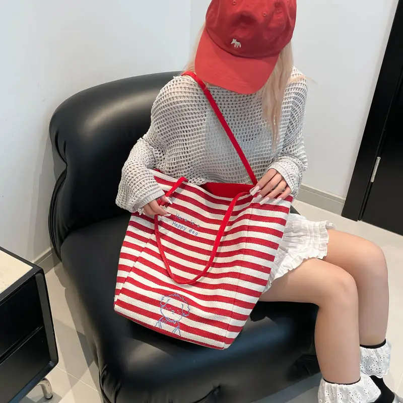 Women Red Striped Canvas Commuting Bag Large Capacity - Image 8