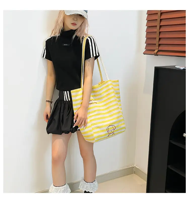 Women Red Striped Canvas Commuting Bag Large Capacity — feature 13