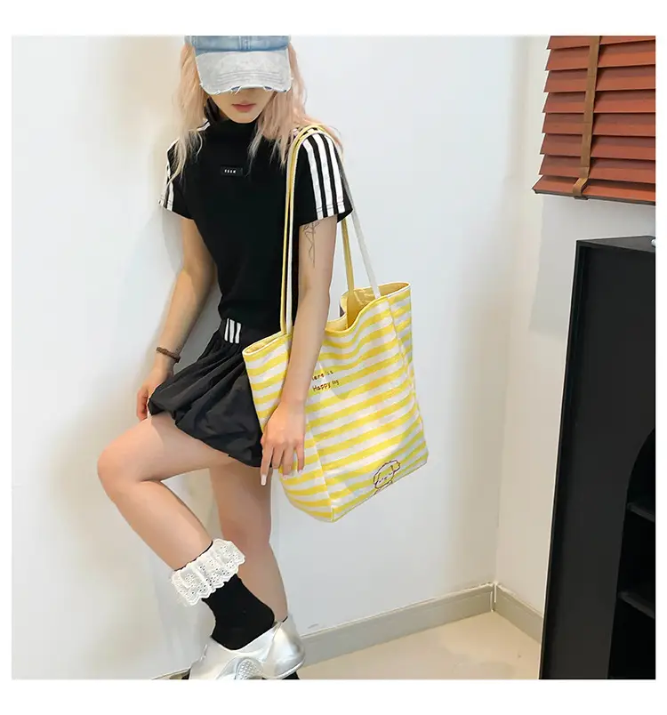 Women Red Striped Canvas Commuting Bag Large Capacity — feature 14