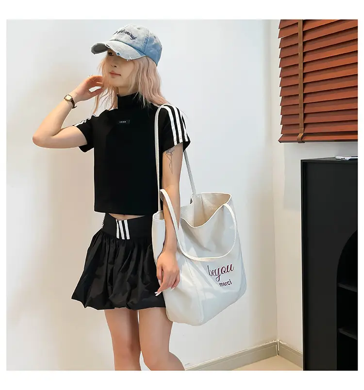 Women Red Striped Canvas Commuting Bag Large Capacity — feature 16