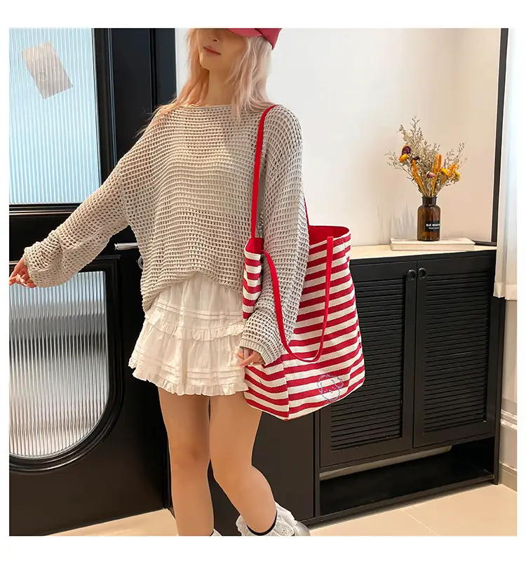 Women Red Striped Canvas Commuting Bag Large Capacity — feature 19