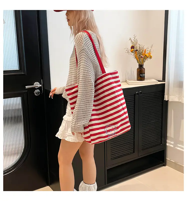 Women Red Striped Canvas Commuting Bag Large Capacity — feature 22