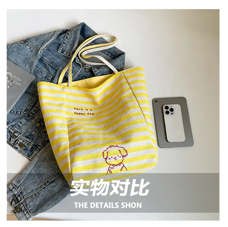 Women Red Striped Canvas Commuting Bag Large Capacity — feature 8